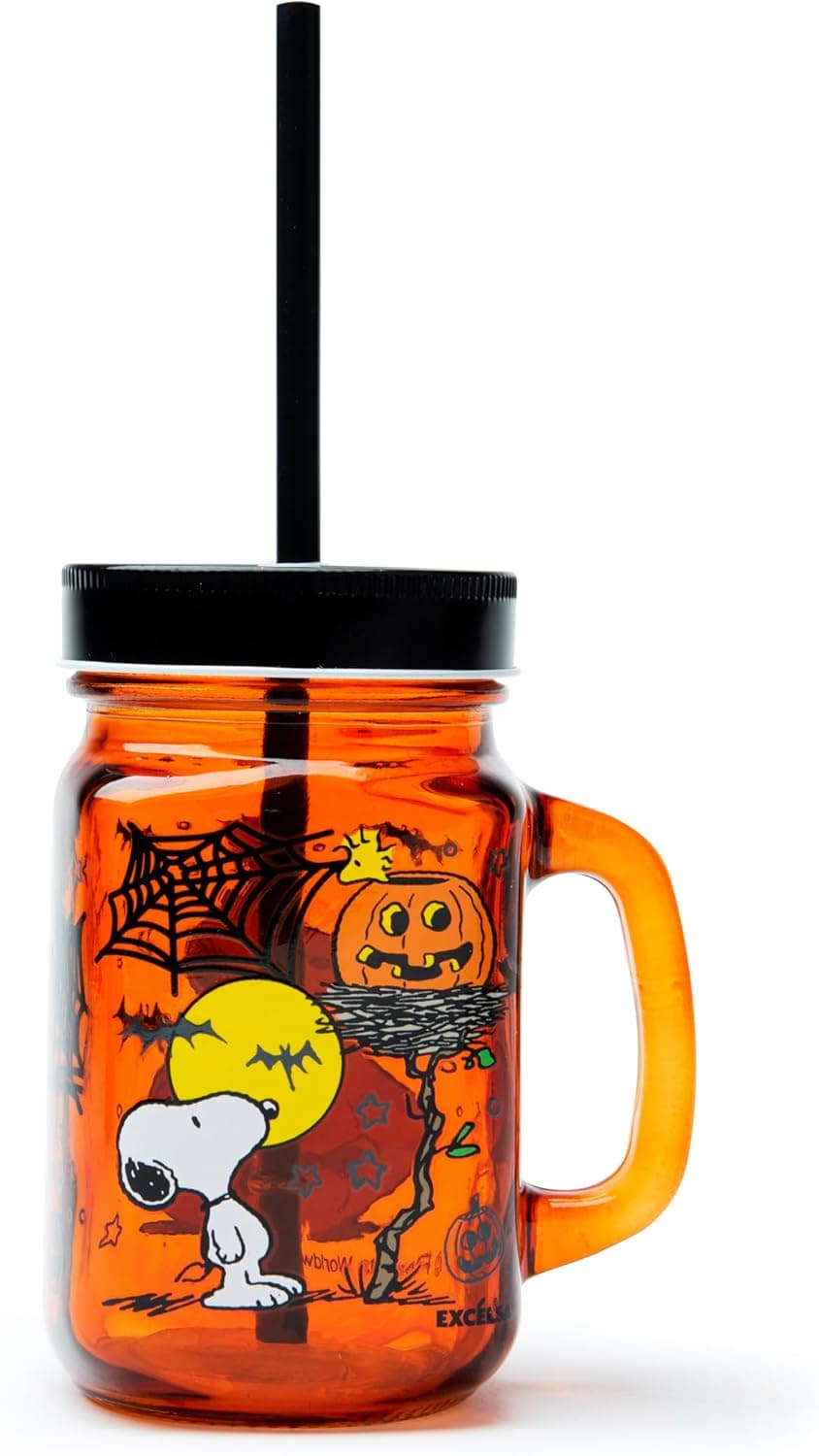 Excelsa Peanuts - Caneca de Halloween com canudo, vidro, capacidade de 500 ml.