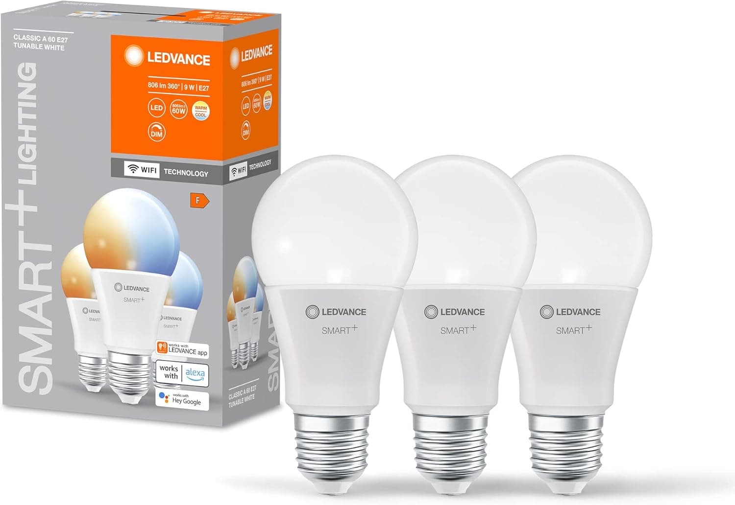 LEDVANCE Candeeiro LED inteligente com tecnologia WiFi, E27 base, ótica mate, cor da luz variável (2700K-6500K), 806 lúmen, substituto de 60W - iluminante 3-pacote