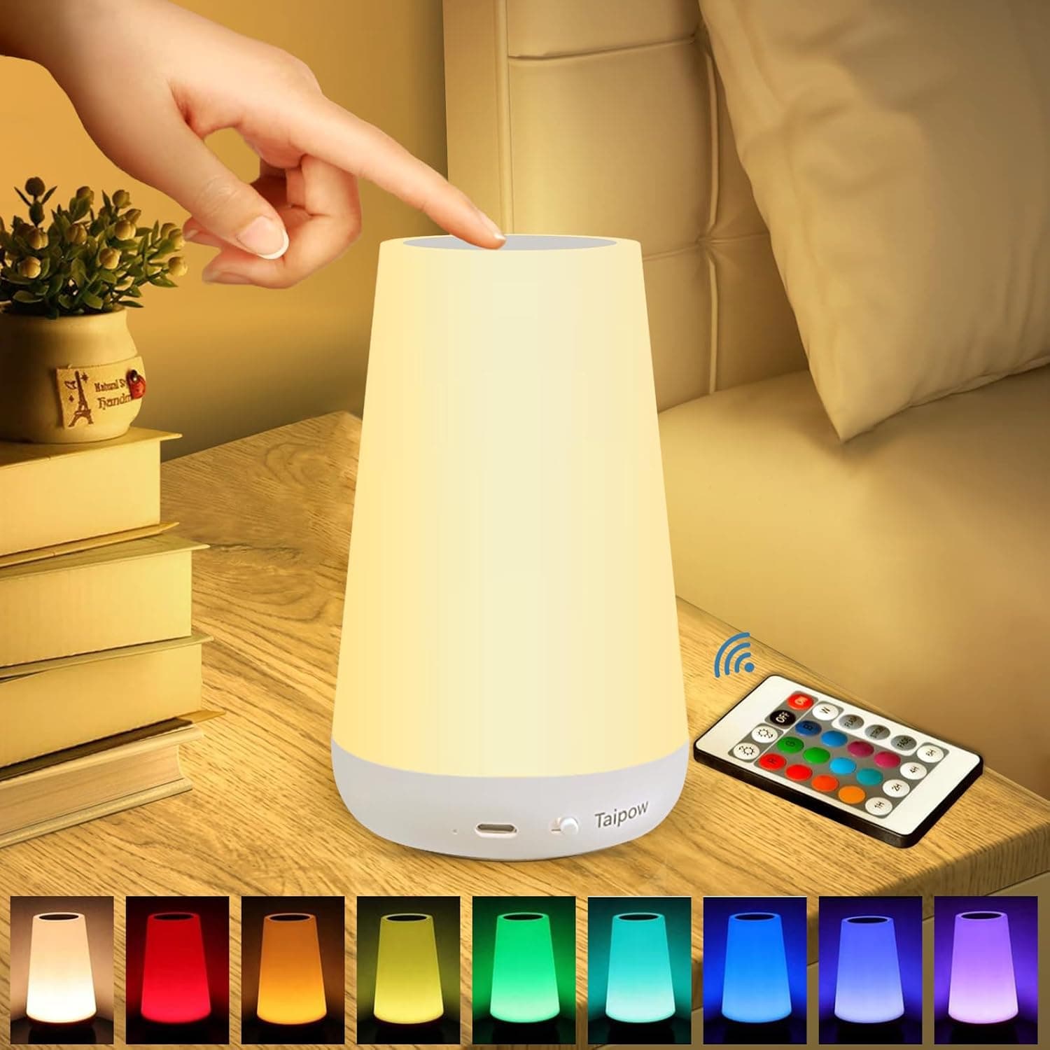 Taipow Candeeiro de mesa de cabeceira com controlo remoto e tátil, luz noturna infantil para crianças bebé, candeeiro LED cores recarregáveis para quarto quarto