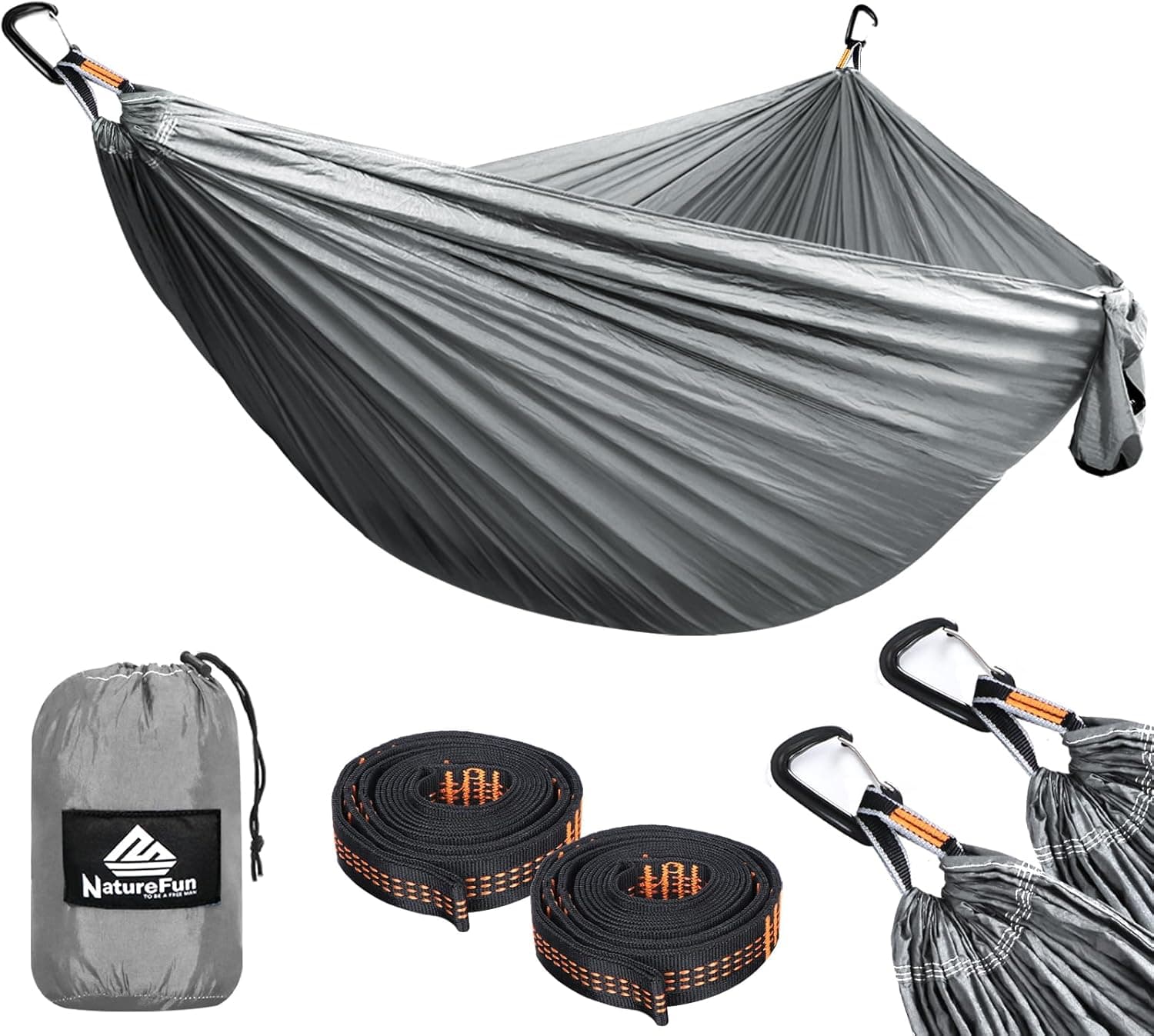 NATUREFUN Rede ultraleve para campismo (300 x 200 cm), 300 kg de capacidade de carga, estilo para-quedas de nylon, respirável e de secagem rápida, 2 mosquetões premium, 2 ranhuras de nylon incluídas