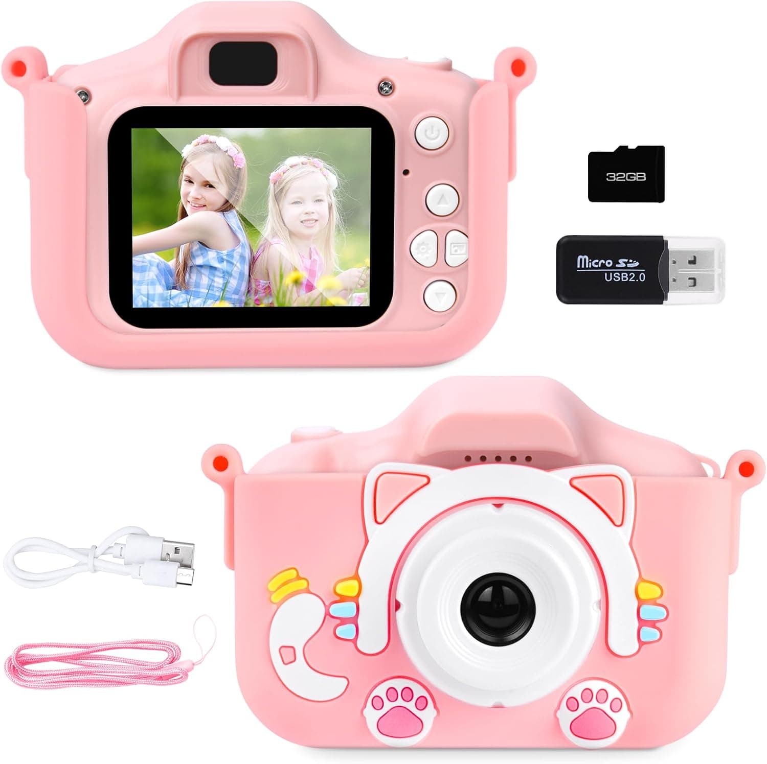 Ainiv Cat Câmara Infantil – Câmara Digital Rosa com Selfie, 1080P, 20 MP, Cartão SD 32 GB, Leitor de Cartões, Ecrã IPS de Proteção Ocular, para Crianças dos 3 aos 12 Anos