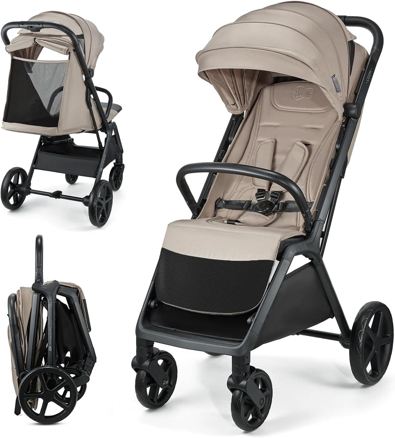 Kinderkraft LOOM Cadeira de passeio, carrinho de bebé, carrinho de bebé, suspensão, carga máxima de 27 kg, dobrável, fácil de dobrar, leve, capota extensível, cesta espaçosa, bege