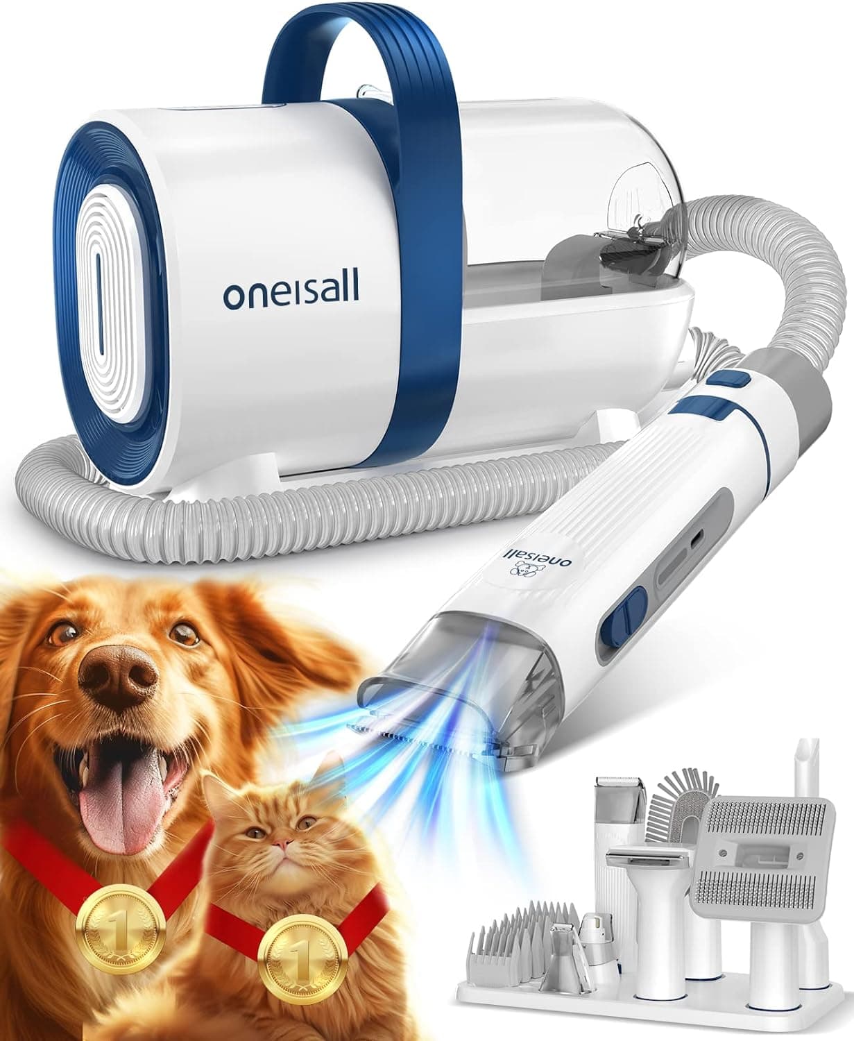 oneisall Corta-pelos cães com aspirador de cabelo, aspiram 99% dos pelos dos animais de estimação, máquina de corte silenciosa para cães e gatos e outras 7 ferramentas de higiene (azul)