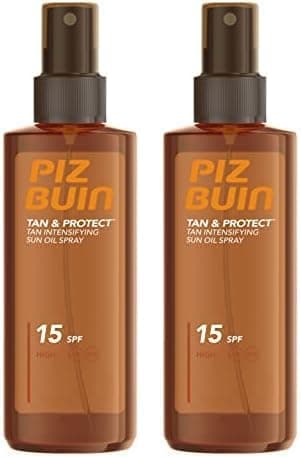 PIZ BUIN Protetor solar líquido em spray SPF15, Tan & Protect acelerador de bronze corporal e facial, não comedogénico, para todos os tipos de pele, com vitamina E e proteção UVA/UVB, 150 ml