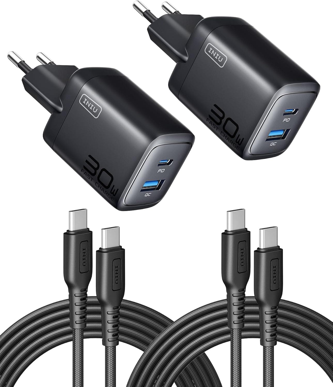 INIU 30 W Carregador USB C 2 pacotes, [USB-C + USB-A] 2 portas USBC tomada carregador iPhone carregamento rápido, múltiplo carregador PD rápido parede adaptador tipo C para iPhone 16 15, iPad Pro