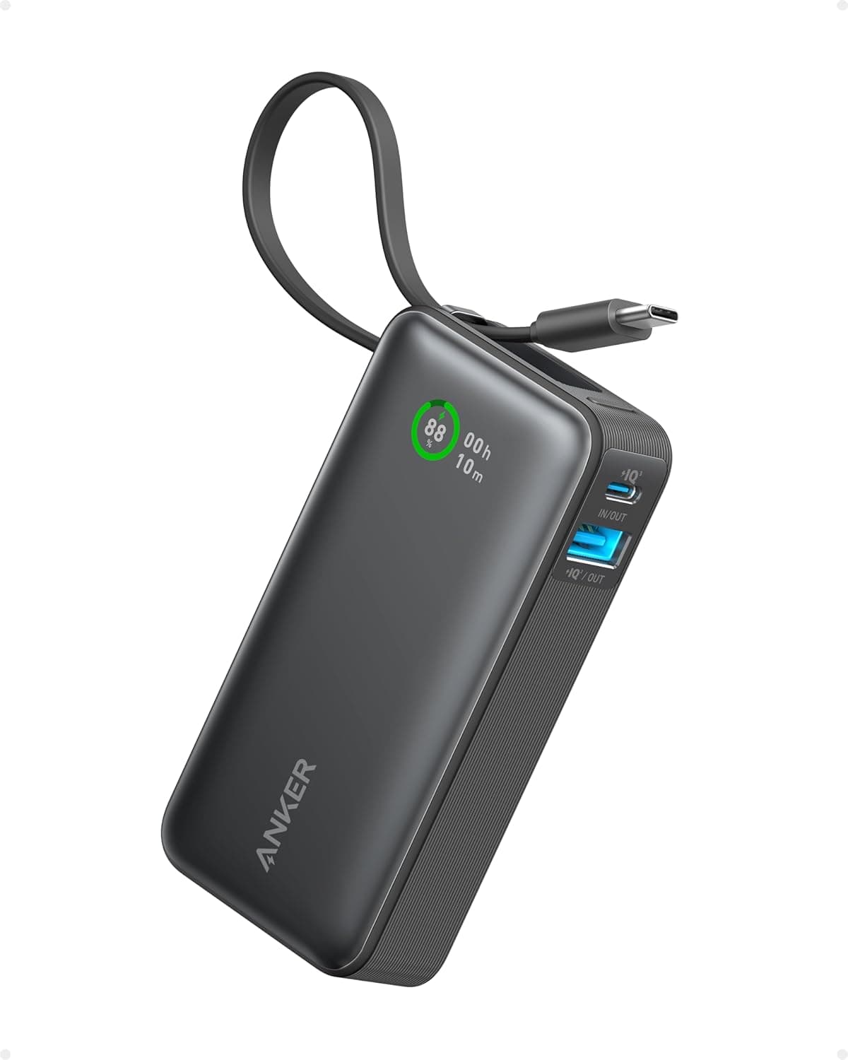 Anker Nano Powerbank 10.000 mAh Powerbank com cabo USB-C integrado, PD de 30 W de potência máxima com 1 x USB-C, 1 x USB-A, compatível com iPhone 14 Series, MacBook, Galaxy, iPad e muito mais