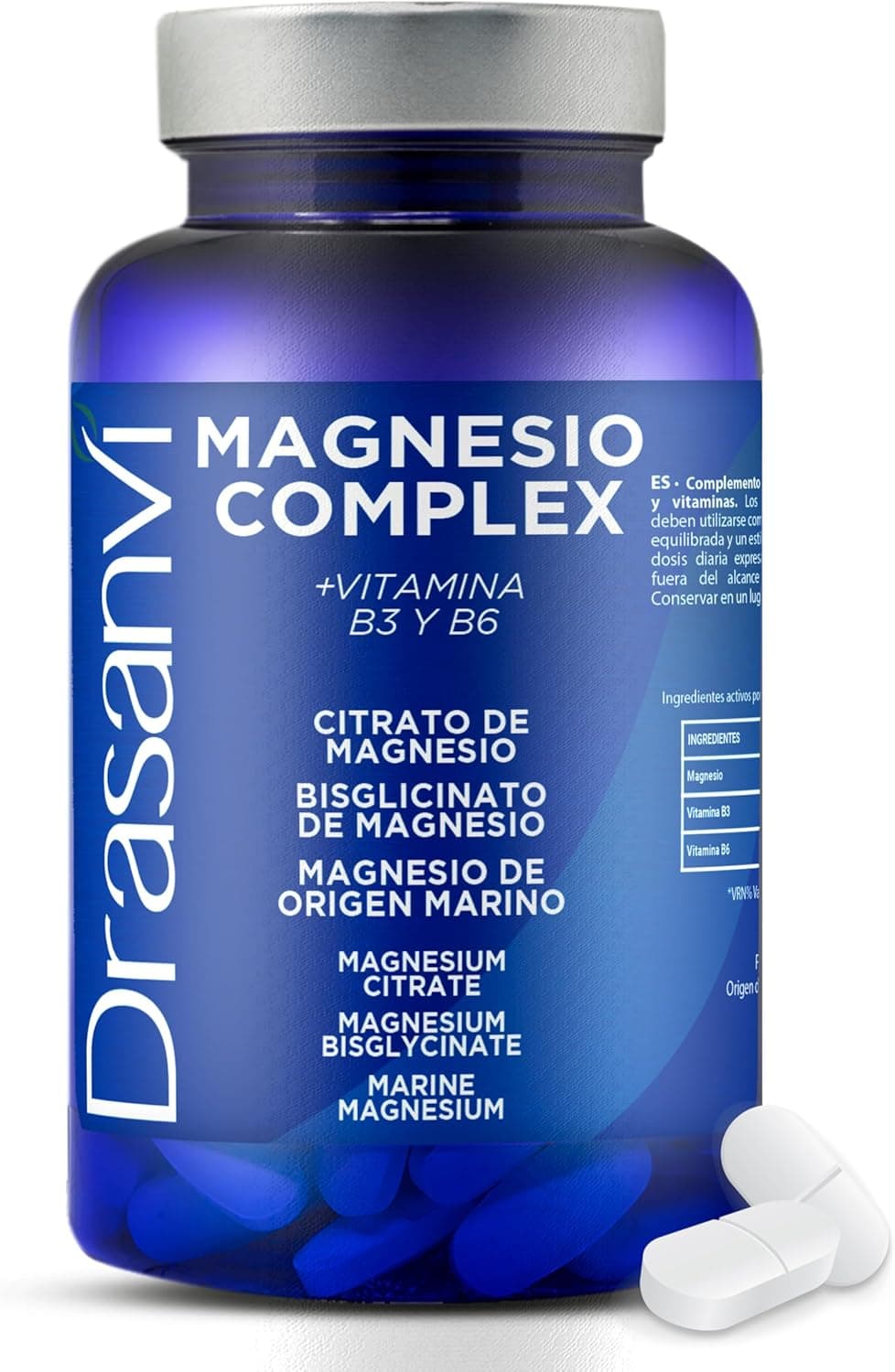 DRASANVI MAGNESIO COMPLEX Bisglicinato de magnésio e magnésio marinho com vitamina B3 e B6, 250 mg por comprimido, magnésio alta absorção, 180 comprimidos = 90 dias