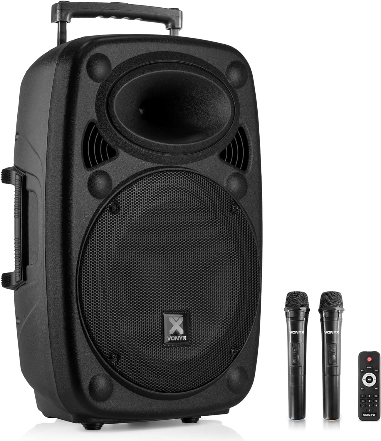Vonyx Verve46 Altifalante Bluetooth potente de 1000 w, altifalante auto-amplificado portátil com microfone Karaoke, Bluetooth Speaker USB, SD, MP3, AUX, 2 microfones UHF, controlo remoto,