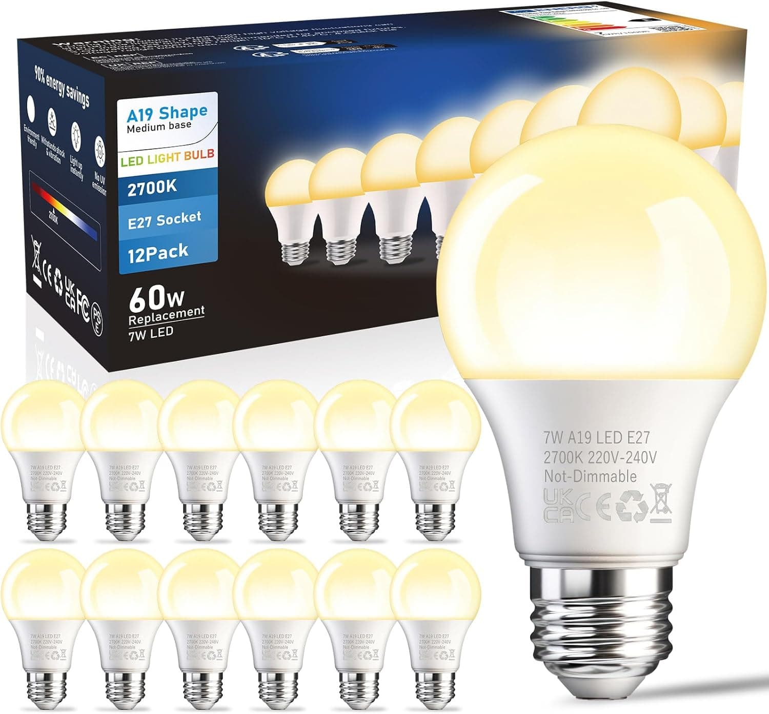 Lâmpadas LED E27, 7 w 806 lm, luz quente (Equivalente a 60 w), 90 % de eletricidade, economia de energia, não regulável, ângulo 180º, branco quente 2700 k, A19, 12 lâmpadas