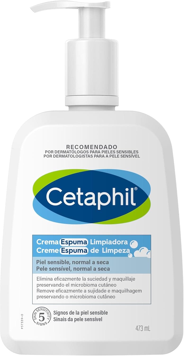CETAPHIL Creme espuma de limpeza facial, pele sensível, normal a seca, elimina a sujidade e a maquilhagem preservando o microbioma cutâneo 473 ml