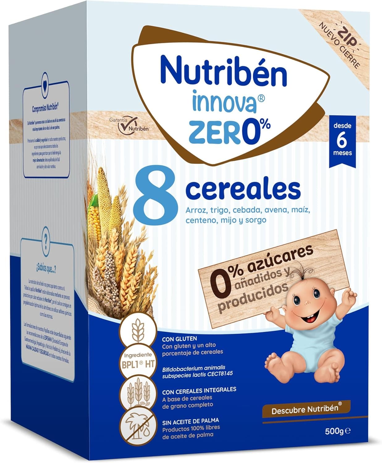 Nutribén innova ZERO 0% 8 cereais | arroz, trigo, cevada, aveia, milho, centeio, milho e sorgo, comida para bebés a partir de 6 meses, 0% açúcares adicionados, cereais integrais, 500 g