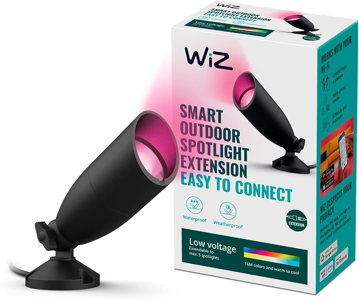 WiZ - Foco inteligente de exterior 4 W, luz branca e colorida, adequado para exterior (IP44), Wi-Fi, tecnologia SpaceSense, compatível com o Google Home, Amazon Alexa ou os atalhos da Siri