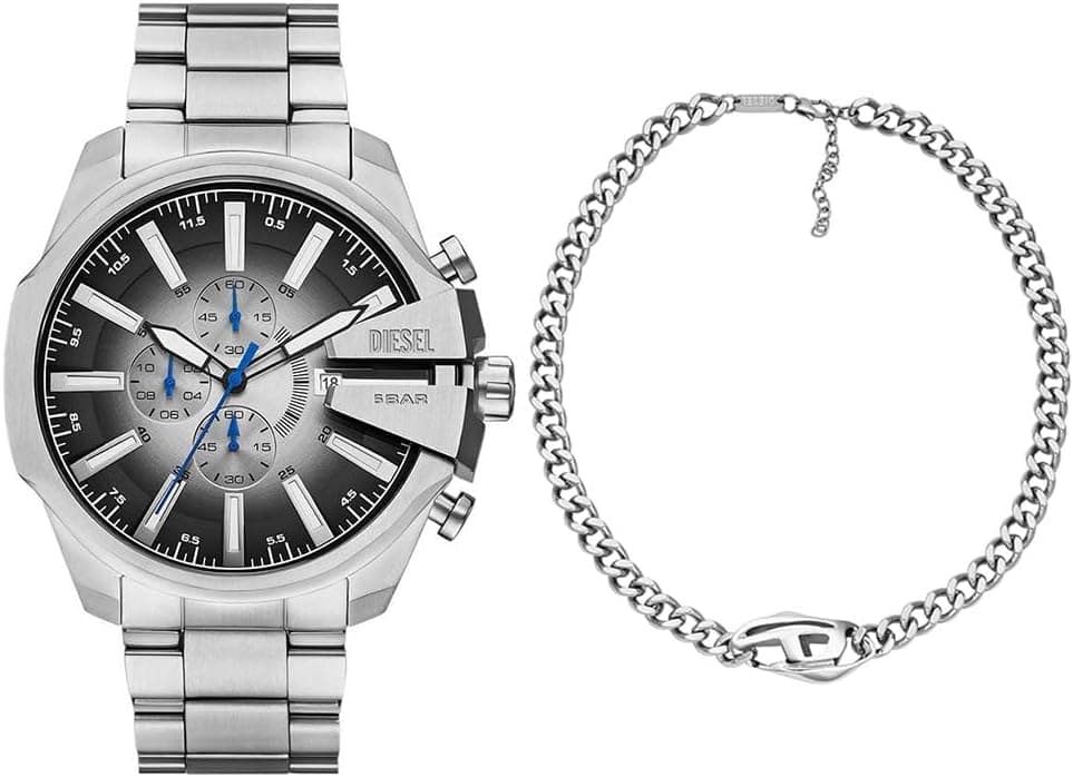 Diesel Mega Chief Slim | Relógio em aço inoxidável prateado com colar para homem