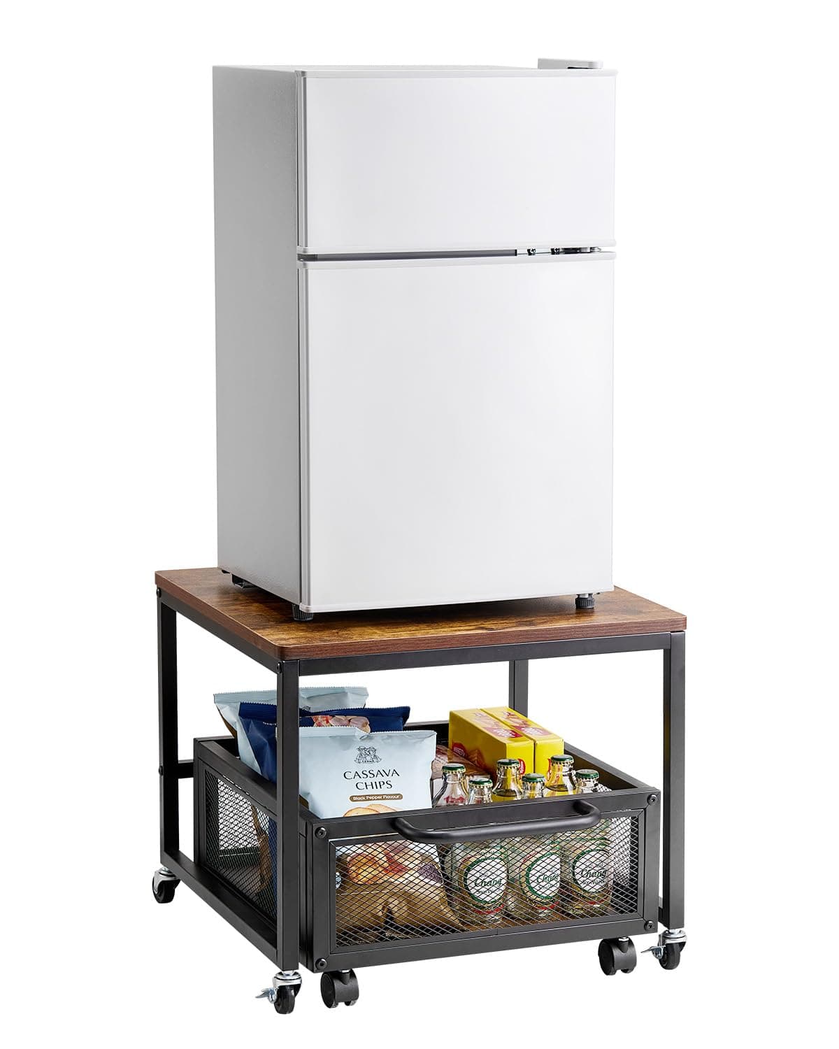 VEVOR Mini frigorífico com suporte de armazenamento, com carrinho de armazenamento móvel e rodas giratórias, durável, para cafeteria, para quarto em casa, castanho claro, 500 x 500 x 430 mm