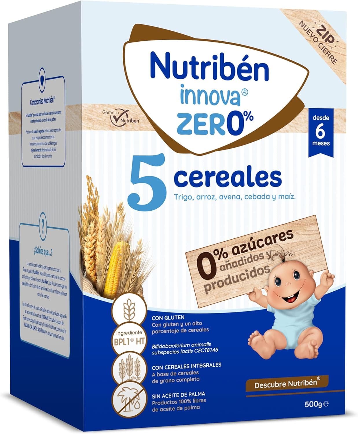 Nutribén innova ZERO 0% 5 cereais, trigo, arroz, aveia, cevada e milho, alimentos para bebés a partir de 6 meses, adição de 0% açúcares, cereais integrais, 500 g