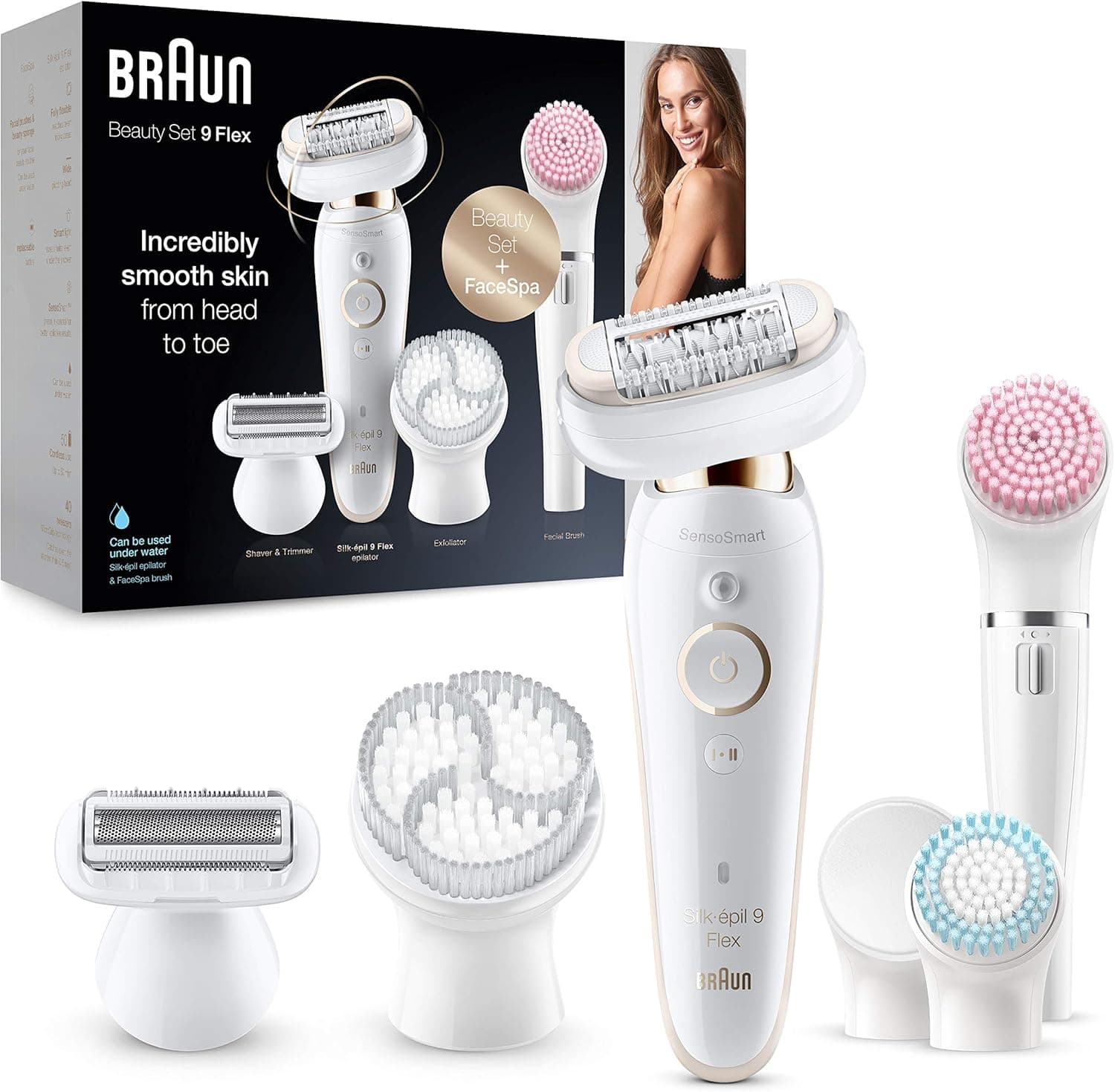 Braun Silk-épil 9 Flex Depiladora elétrica mulher com cabeça flexível e tecnologia SensoSmart, kit de beleza, sem fios, 9100, branco