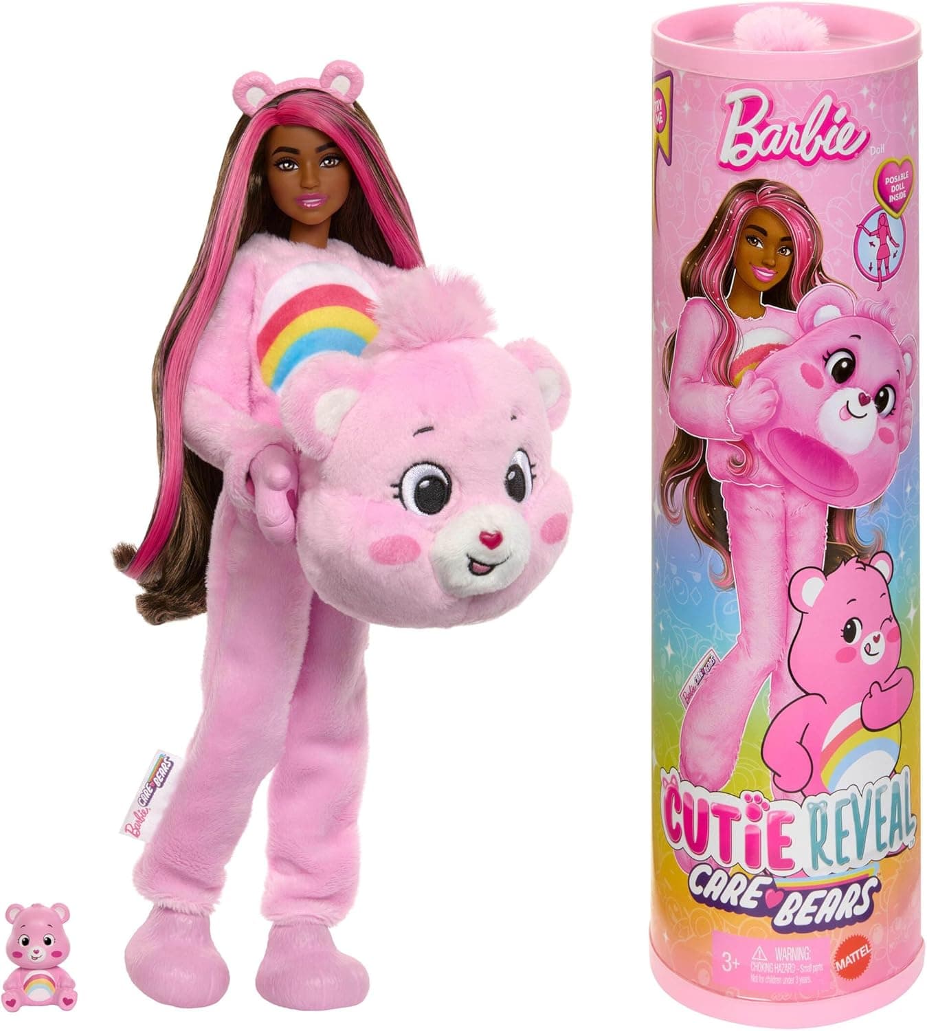 Barbie Cutie Reveal Care Bears Boneca da moda e acessórios, inclui uma fantasia de ursinho Mimosa e 10 surpresas, incluindo mudança de cor e um ursinho em miniatura, JCN95