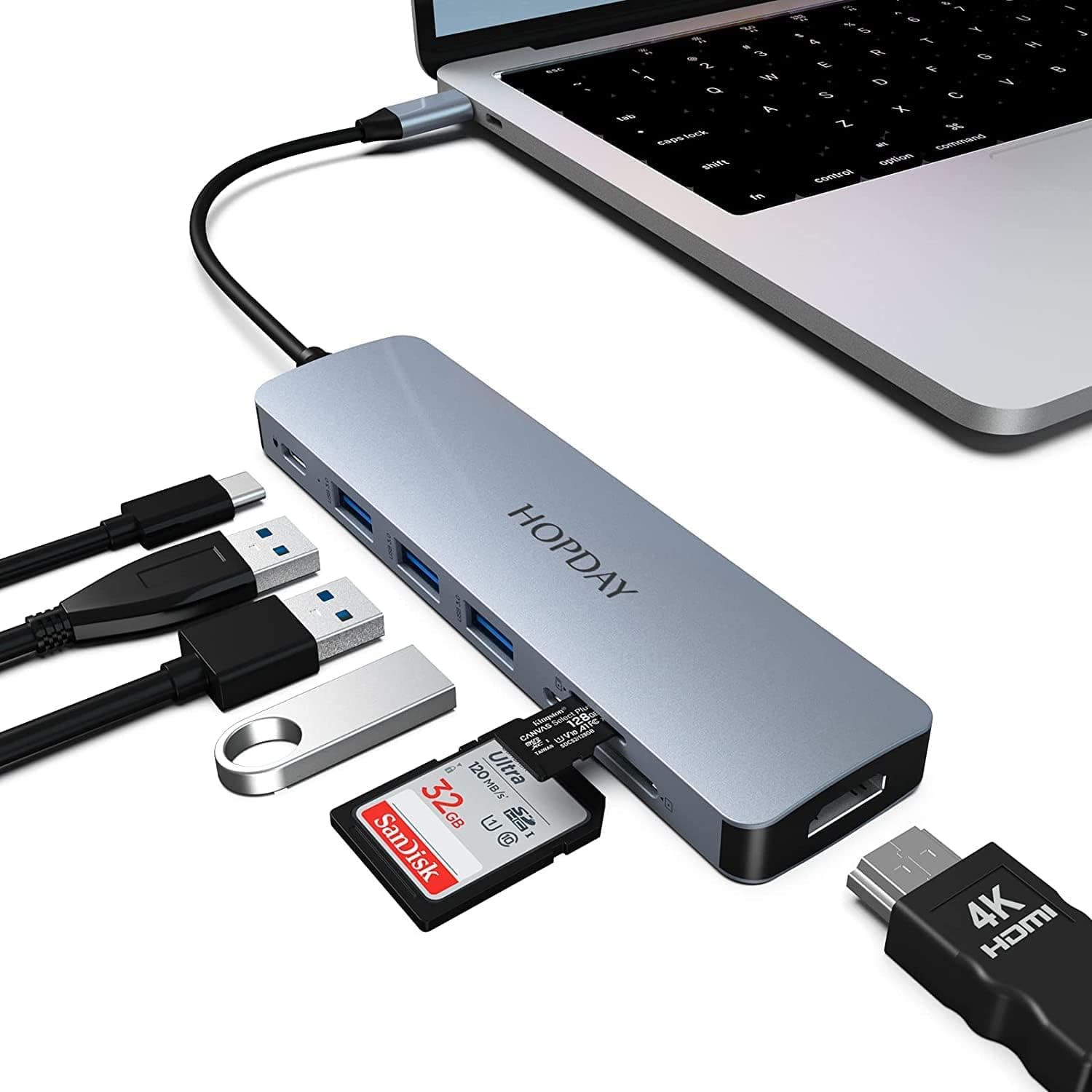 7 em 1 USB C para HDMI HOPDAY USB C adaptador com 4K HDMI, Type C 100 W PD, 5 Gbps USB 3.0 Data Ports, SD/TF Card Reader, Docking Station for MacBook Air/Pro, iPad, Windows