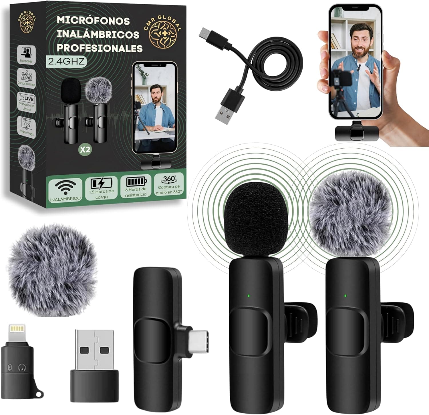 Conjunto de 2 microfones sem fios para iPhone, Android, PC para gravação de vídeo, Youtube, Twitch, TikTok, Vlog, podcast, ao vivo com cancelamento de ruído
