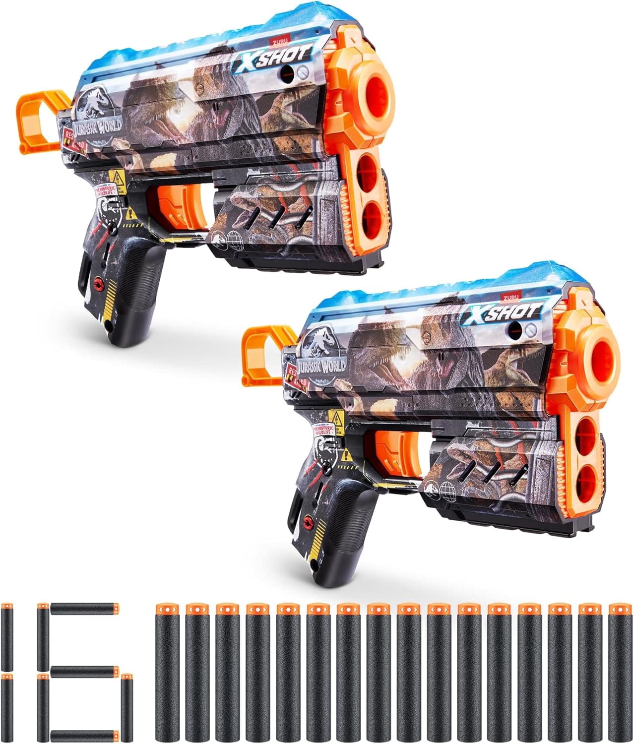 XSHOT Skins Jurassic World, Flux Jurassic, 2 pacotes, 16 peças incluídas, Air Pocket Dart Technology, Toy Foam Blaster for Kids, adolescentes e adultos, Brown Box (Flux Jurassic)