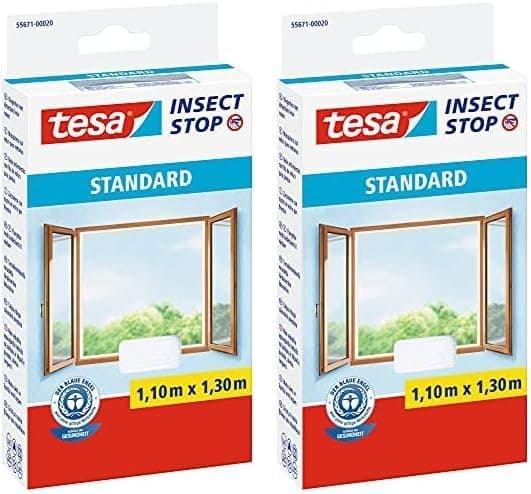 tesa Insect Stop Malha mosquiteira padrão para janelas, mosquiteira auto-adesiva, recortável ao tamanho desejado, branco, 110 cm x 130 cm, 2 embalagens