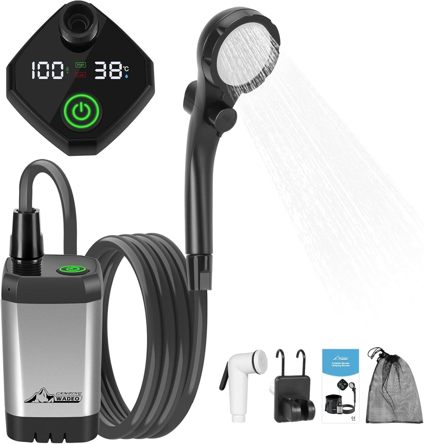 Chuveiro portátil de acampamento WADEO com bomba, chuveiro de acampamento ao ar livre com bateria recarregável de 6000mAh, chuveiros móveis com chuveiro e mangueira, para acampamento, viagens, jardim, lavagem de carros