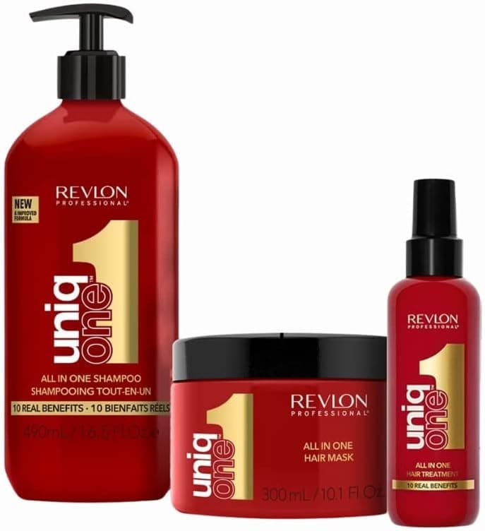 REVLON PROFESSIONAL UniqOne Rotina de tratamento, champô e condicionador hidratante 490 ml máscara 300 ml e tratamento em spray para cabelo 150 ml