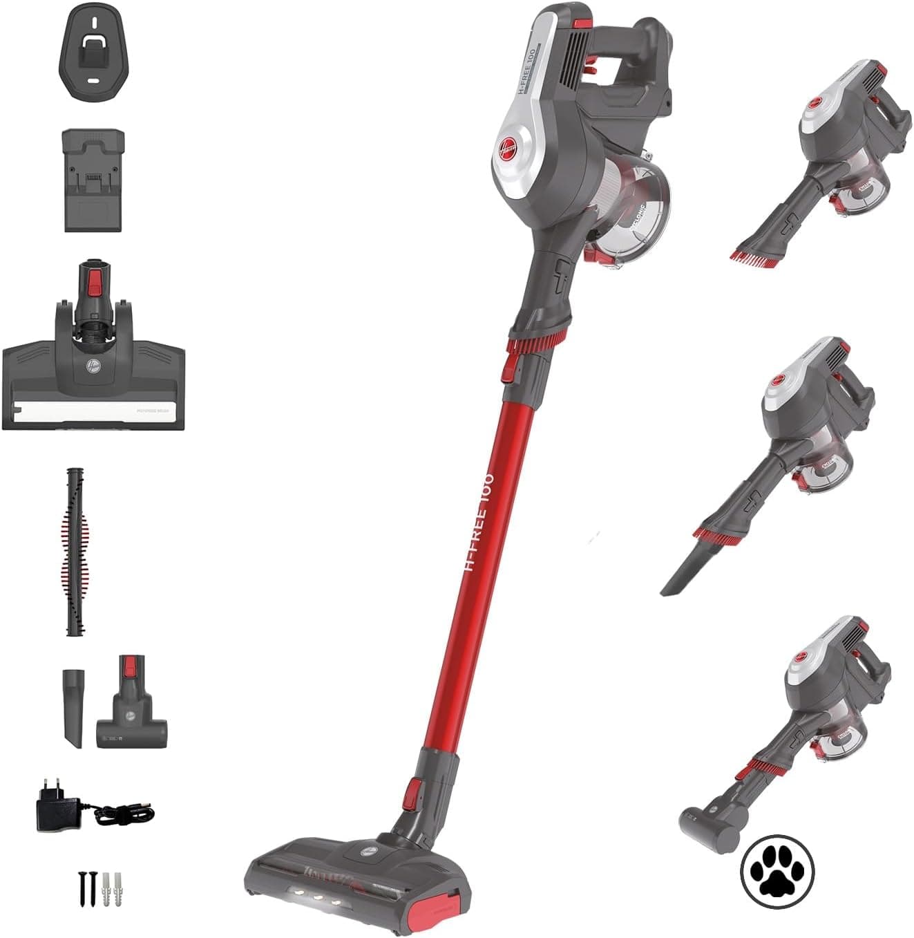 Hoover H-FREE 100 Animais de estimação especiais HF122GPT aspirador vassoura sem cabo, sem saco, 3 em 1: Vassoura, manual e vertical, escova animais de estimação e tapeçarias, automonomia 40 min,