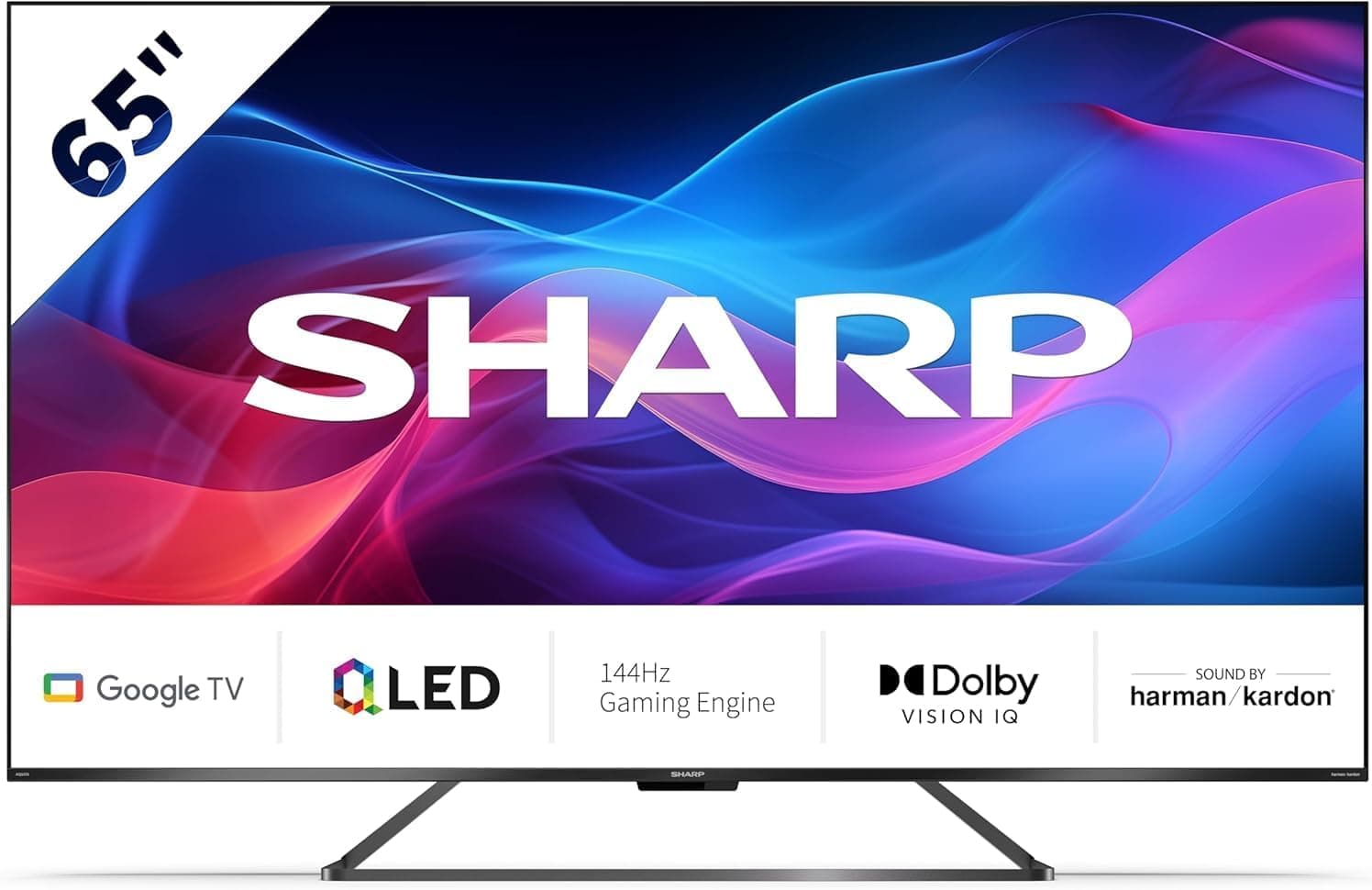 Sharp Gaming QLED 144Hz 65GR8265E Google TV de 65", 4K Ultra HD, 4X HDMI 2.1, 2X USB, Bluetooth, Dolby Vision IQ e Atmos, Google Assistant, altifalantes Harman/kardon 2 x 12 W, preto
