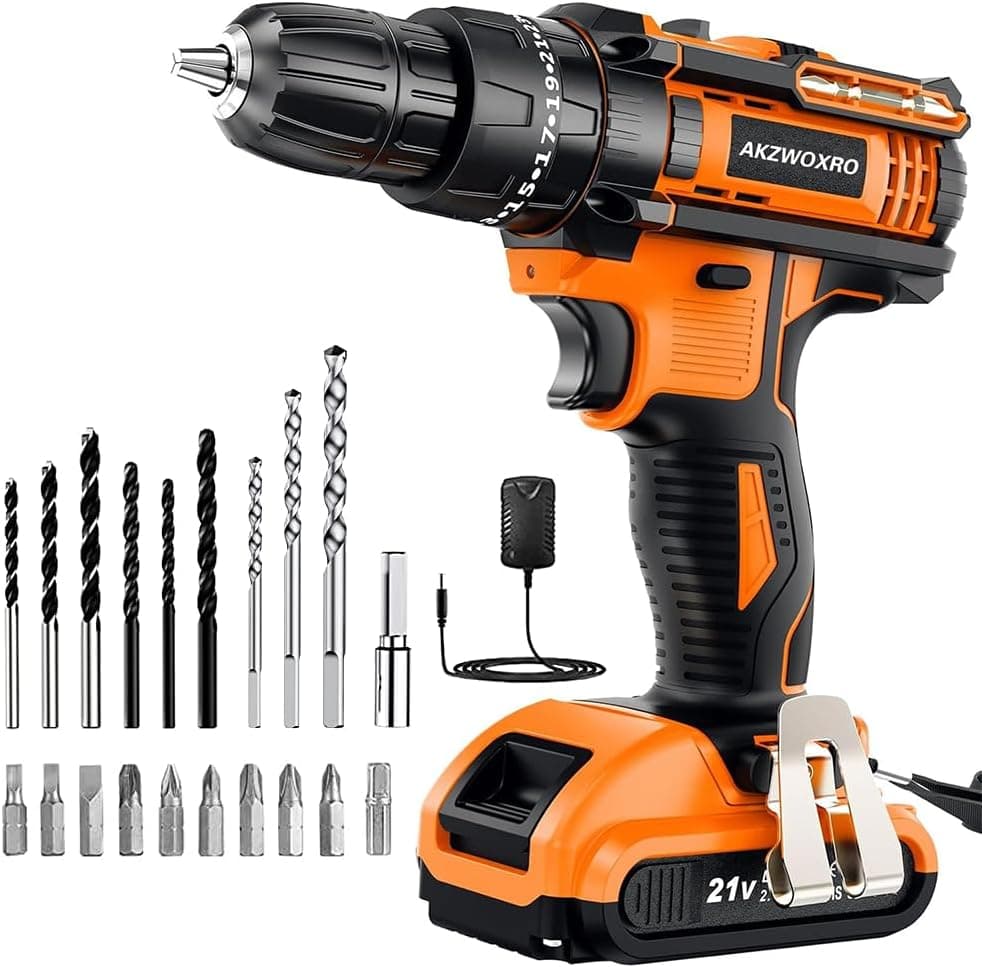 AKZWOXRO Broca Percutor a bateria 21 V, broca parafuso bateria com 2,0 Ah bateria, parafuso elétrico 42 Nm, ajuste de par de 25 + 3, 22 acessórios, 2 velocidades, luz LED para casa, bricolage
