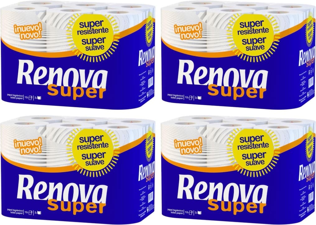 Renova Super White | Papel higiénico branco super macio, 12 rolos x 4