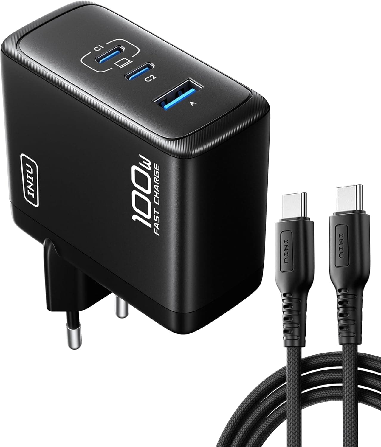 INIU 100W USB C | Carregador compacto com 3 portas para portátil, telemóvel e tablet