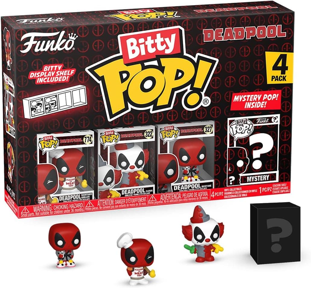 Funko Bitty Pop! Deadpool (Backyard Griller), Deadpool (Clown), Deadpool (Bedtime) e uma minifigura misteriosa surpresa - 0,9 polegadas (2,2 cm) colecionável- Repita empilhável incluída