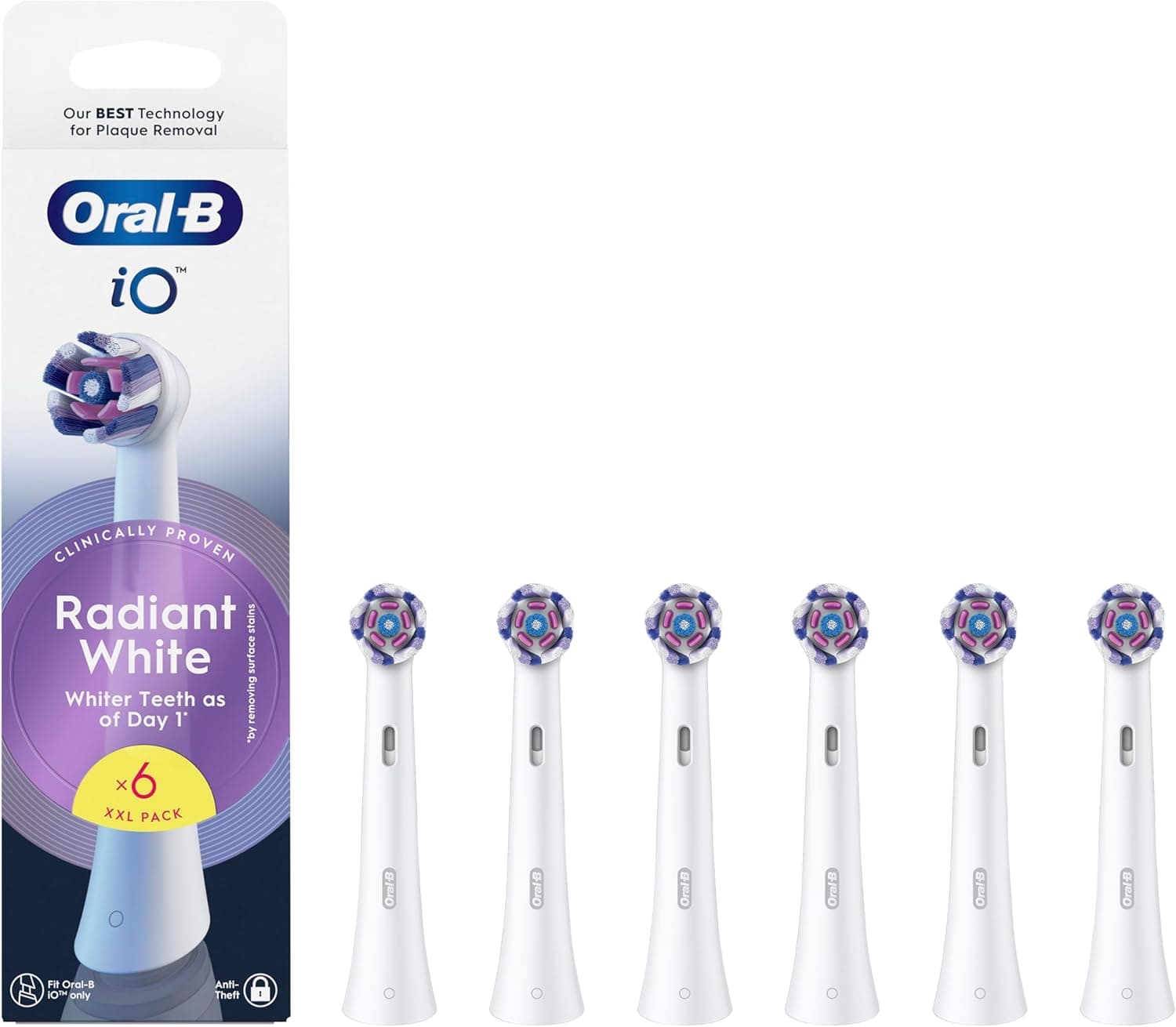 Oral-B Série iO Radiant White cabeças de substituição originais, conjunto de 6 peças brancas para escovas de dentes elétricas oral-B iO, branqueamento dentário, remoção de manchas