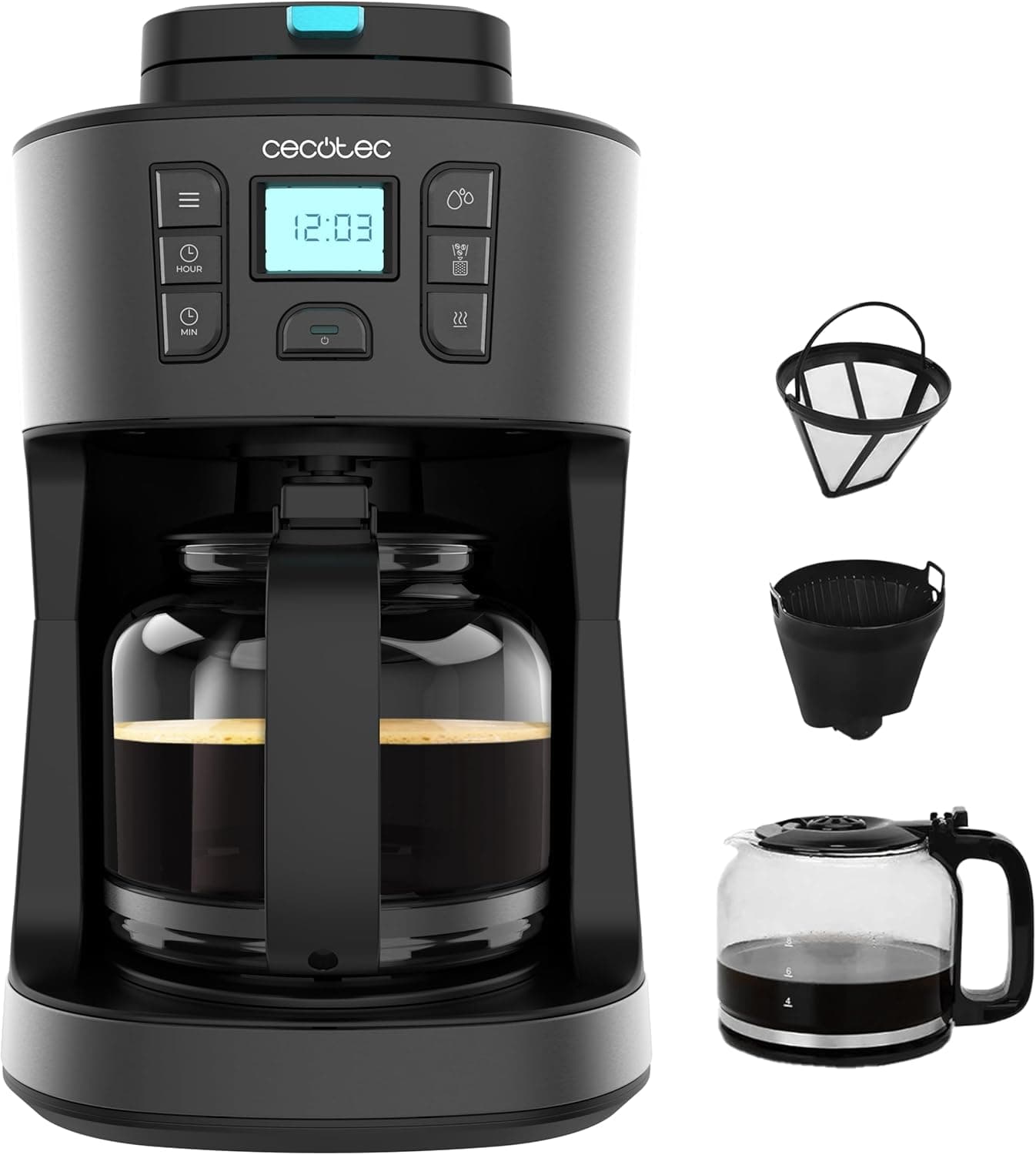 Cecotec Cafeteira de gotejamento Coffee 66 Grind & Drop Essential. 1086 W, moinho de lâminas, até 12 chávenas, tecnologia extremaaroma, cafeteira digital de gotejamento, aço inoxidável