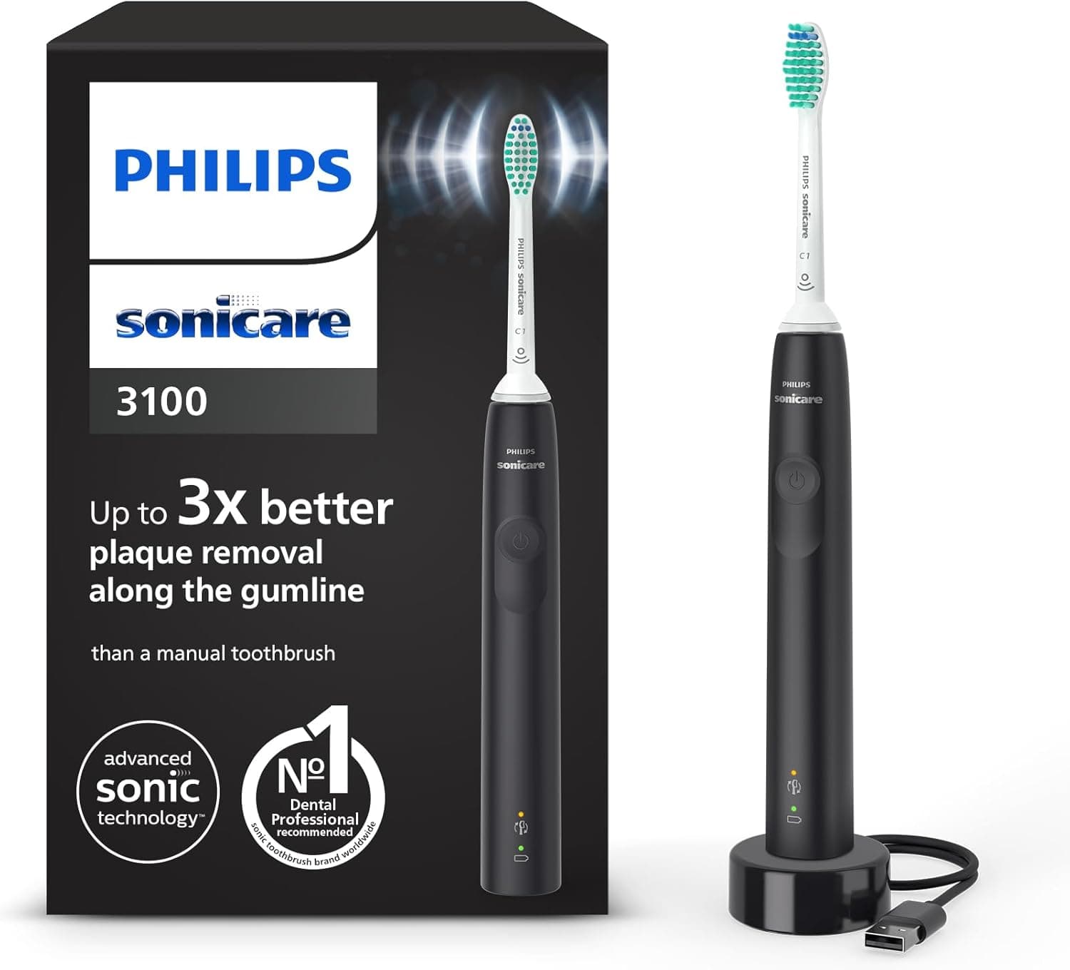 Philips Sonicare série 3100, escova de dentes elétrica, escova de dentes sónica, sensor de pressão e temporizador, preto, HX3671/14
