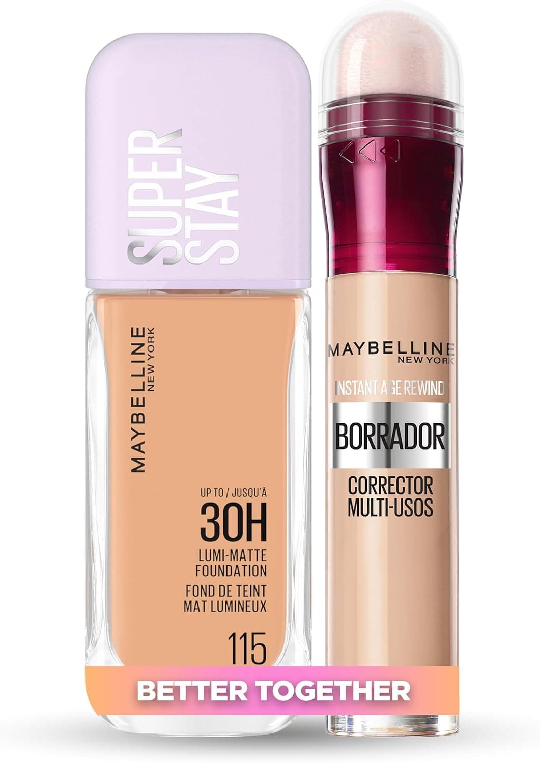 Maybelline New York Pack Base de maquilhagem Lumi Matte, tom 115 + Maybelline New York corretor de orelhas, malas e imperfeições, tom: 01 luz, 6,8 ml