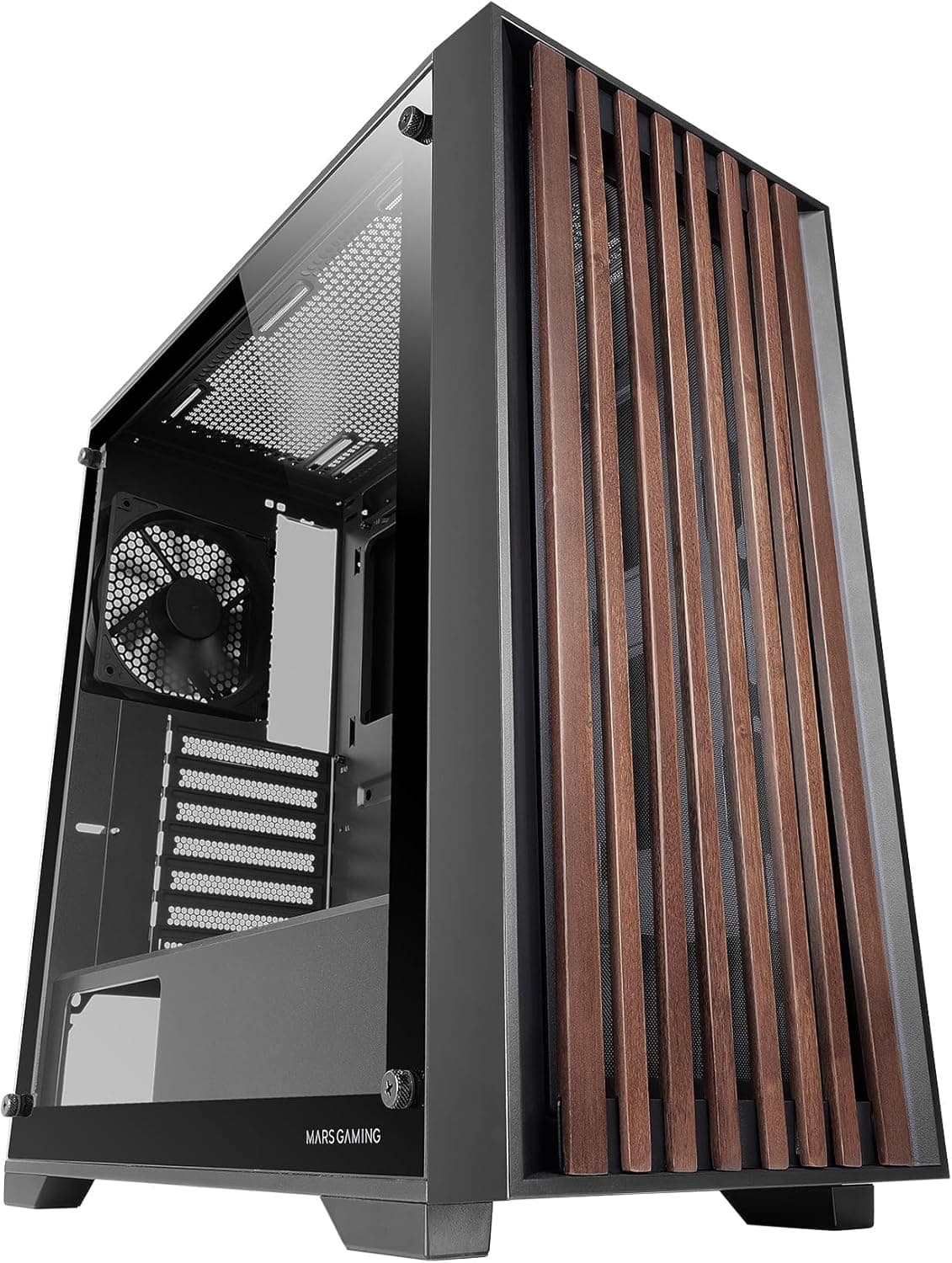 MARSGAMING MC-WOOD, caixa PC ATX, painel frontal de madeira, janela lateral vidro temperado, ventilador FDB de 120 mm, refrigeração líquida até 360 mm, câmara dupla, gestão com fio, PC Semitorre