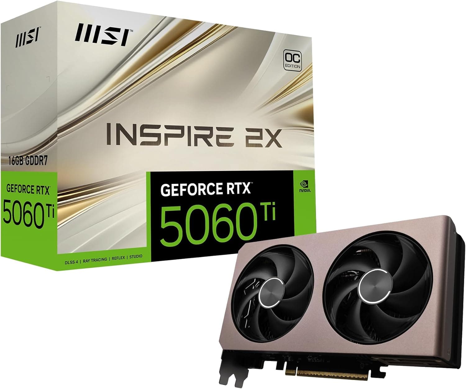 MSI GeForce RTX 5060 Ti 16G Inspire 2X OC Placa gráfica, RTX 5060 Ti, 16 GB GDDR7 (28 Gbps/128-bit), PCIe 5.0, Design térmico de ventilador duplo (2 x STORMFORCE Fan) - HDMI 2.1b, DisplayPort 2.1b