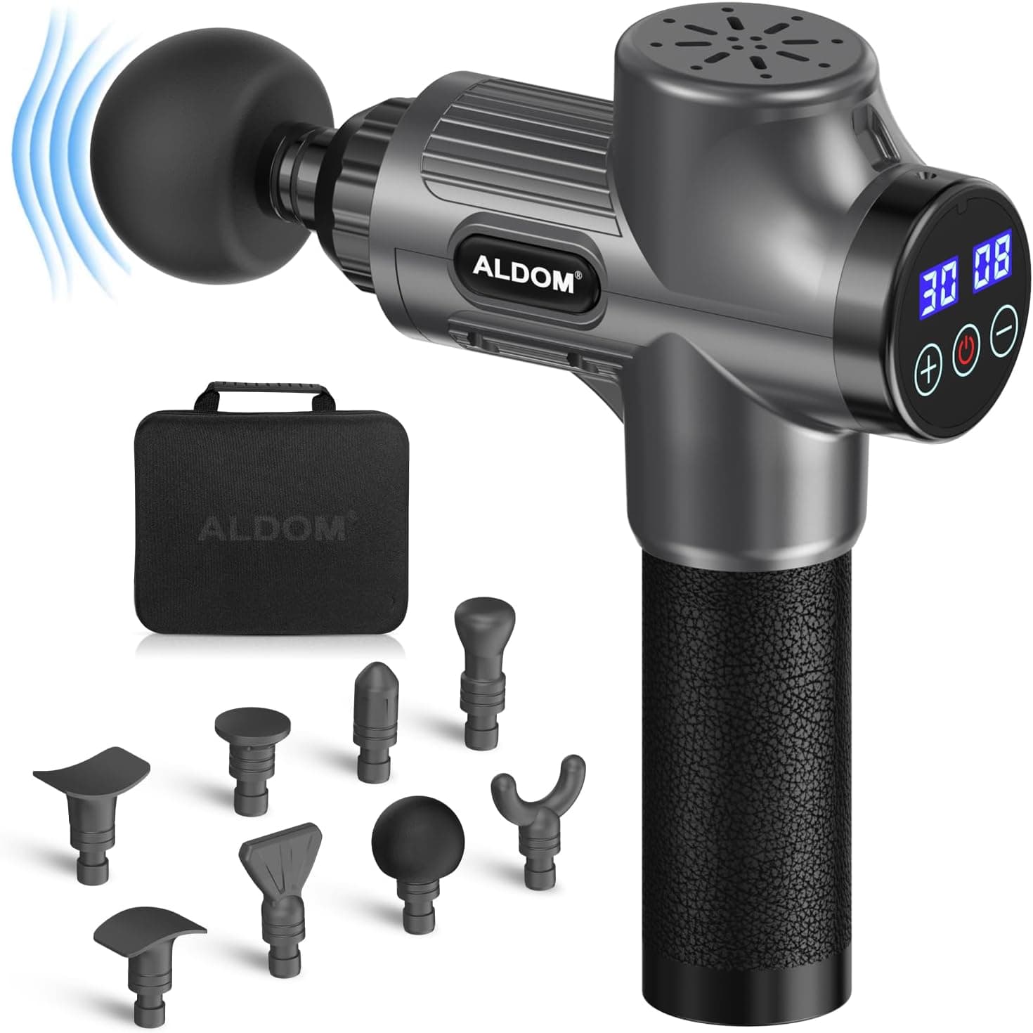 Pistola de massagem muscular, ALDOM pistola de massagem massagem arma pistola de massagem muscular profissional e carregamento tipo C, 30 níveis ajustáveis, silenciosos, 8 cabeças massajador muscular