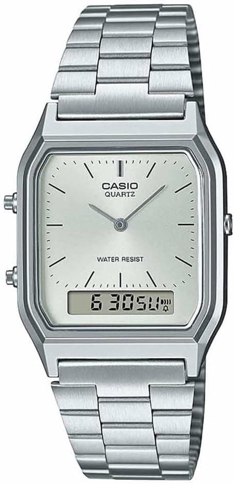 CASIO Relógio analógico para mulheres de quartzo com correia em aço inoxidável AQ-230A-7AMQYES, Prata, Clássico
