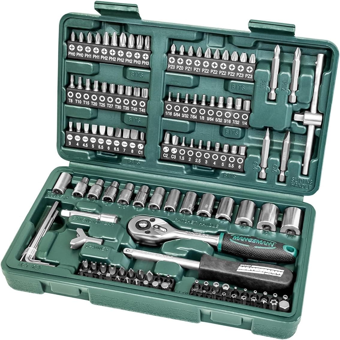Mannesmann M29166 | Mala com conjunto de chaves de caixa e pontas de aparafusar 130 peças