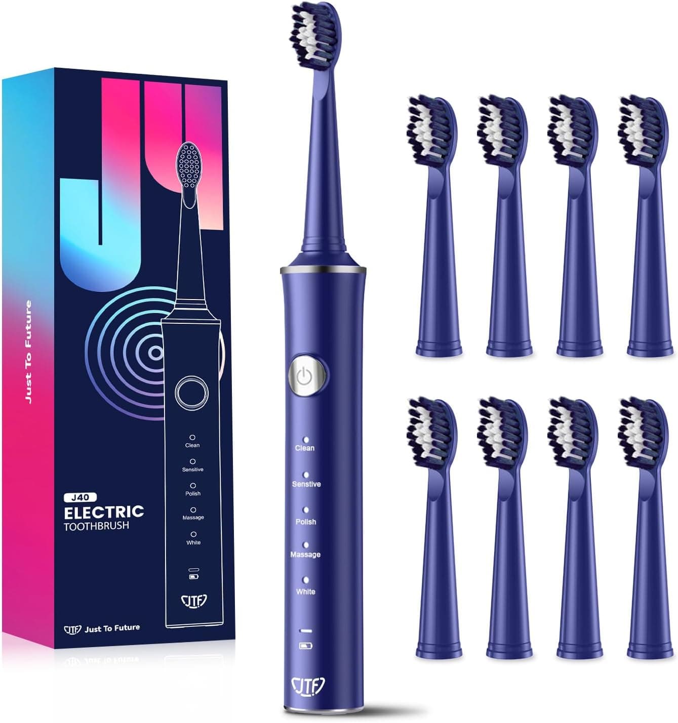 JTF Escova de dentes elétrica com 8 cabeças, 5 modos e memória inteligente, temporizador de 2 minutos, IPX7 resistente à água, recarregável, carga rápida 3H (azul)