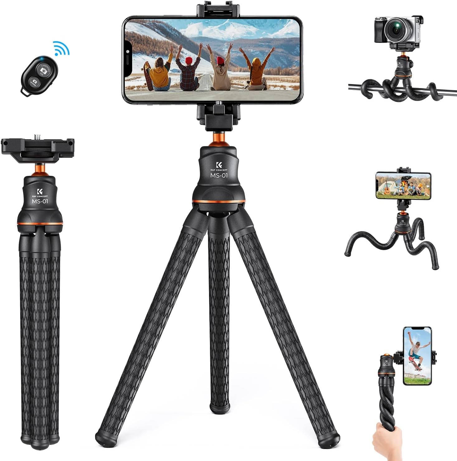 K&F Concept Tripé para telemóvel, tripé flexível para câmara com controlo remoto Bluetooth, tripé compacto para telemóvel e suporte rotativo de 360° para telemóveis, câmaras e Gopro