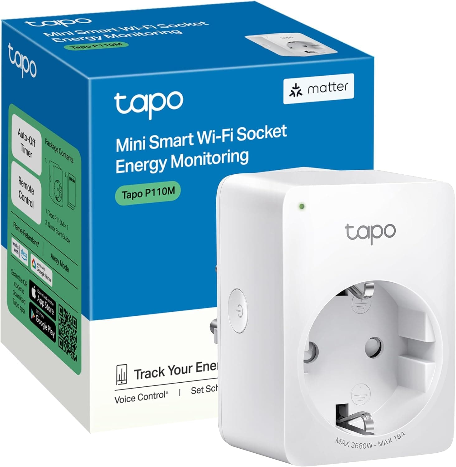 TP-Link Tapo P110M Mini tomada inteligente Wi-Fi (com monitorização energética), programar a ligar/desligar, poupança de energia, compatível com Alexa e Google Home