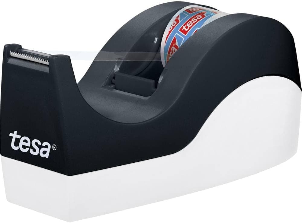 tesa EasyCut® ORCA Dispensador de fita cola, dispensador com base antiderrapante para mesas e secretárias, inclui 1 rolo de fita tesafilm® 10 m x 19 mm, preto e branco