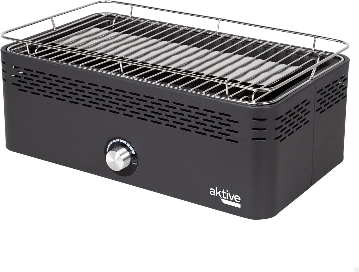 Aktive - Churrasco portátil a carvão recarregável a pilhas sem fumo preto retangular, proteção anti-gotejamento, medidas 45 x 28 x 19 cm, inclui bolsa de transporte, grelha terraço, varanda (63004)