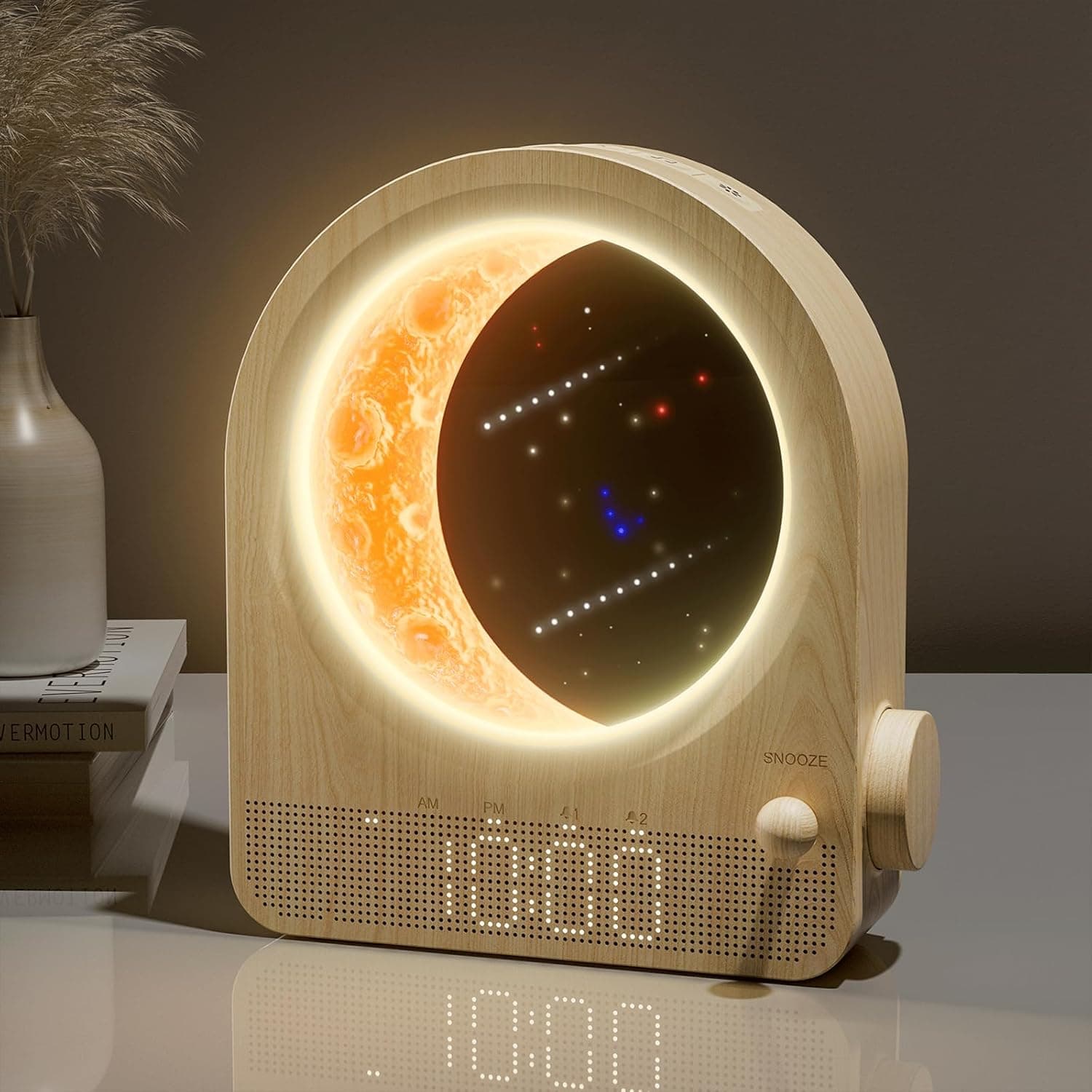 blonbar Despertador e candeeiro de lua combinados, 3 níveis de brilho, candeeiro noturno com luz diurna, 2 despertadores, luz despertador, 10 sons naturais, luz noturna regulável
