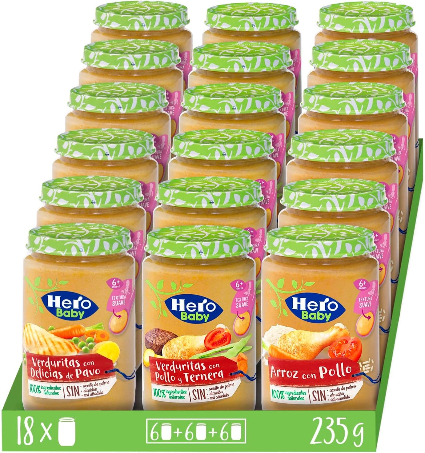 Hero Baby Caixa mista de bolos de carne - 6 carrinhos de arroz com frango e 6 frascos de legumes com frango e vitela e 6 bolos de legumes com delícias de peru, embalagem de 18 x 235 g