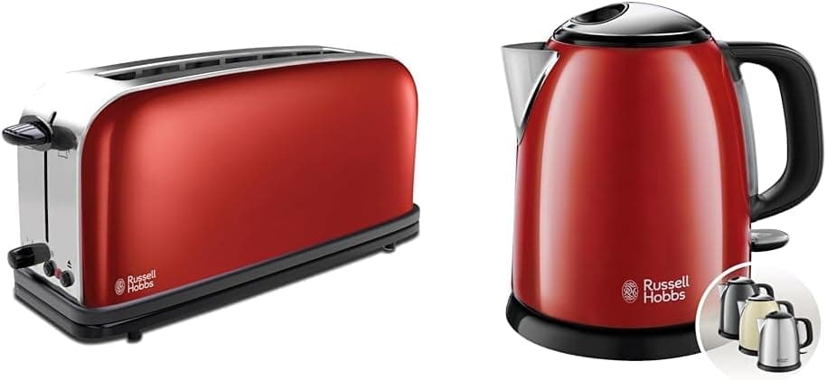 Russell Hobbs Torradeira chaleira de água elétrica pequena [pack especial] Colours Plus (aço inoxidável vermelho, torradeira com ranhura longa e larga, chaleira compacta 1 l de 2400) 21391-56 24992-70